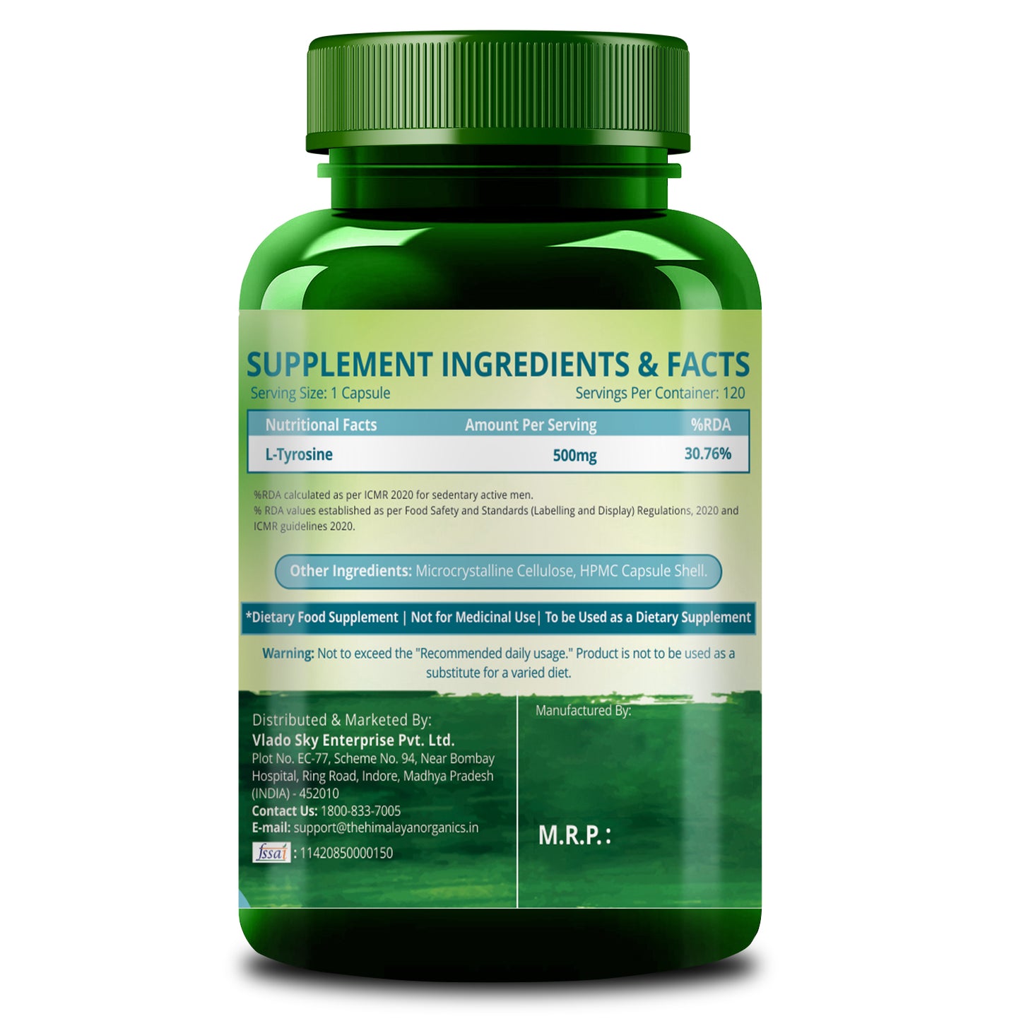 Himalayan Organics L-Tyrosine Supplement Supports Cognitive Health | Improves Metabolism | Healthy Nervous System (120 Capsules)