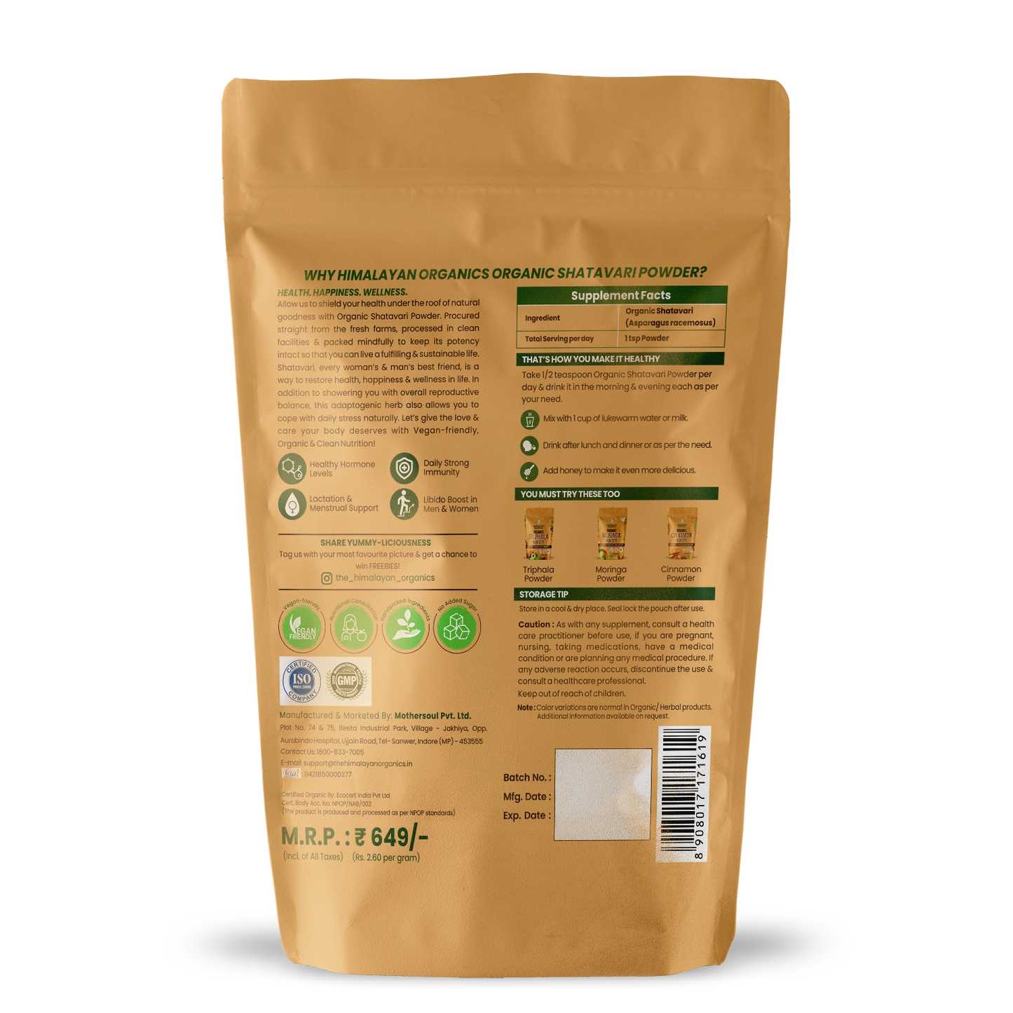 Himalayan Organics Organic Shatavari/Asparagus Racemosus Powder | Healthy Hormones, Female Health, Overall Wellness (250 grams)