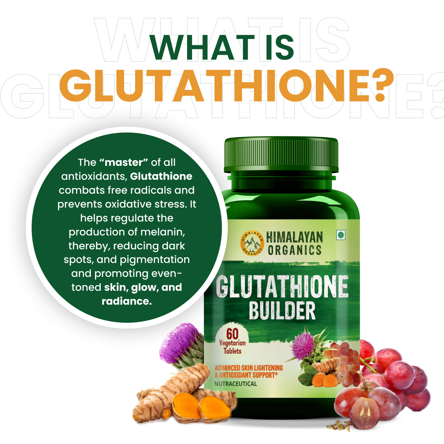 Vlado's Himalayan Organics Glutathione Builder for Anti-Ageing & Skin Brightening with ( Vitamin C, E, B6 & Curcumin ) - 60 Veg Tablets