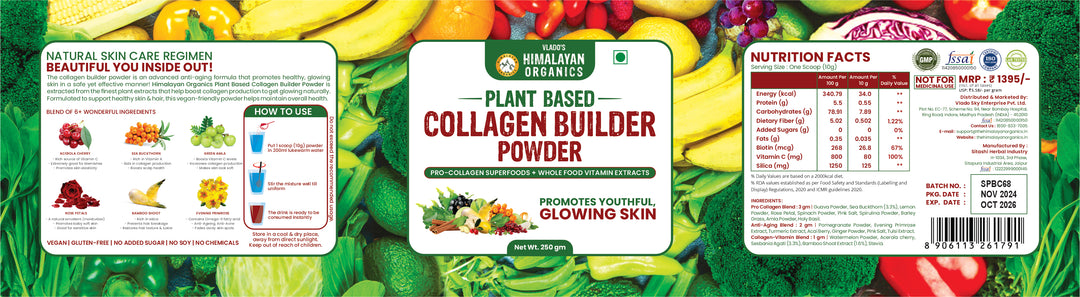 Vlado's Himalayan Organics Plant Based Collagen Builder Powder for Skin Regeneration, Anti-Aging Beauty & Repair (With Sea Buckthorn, Evening Primrose, Acai Berry) – 250gm