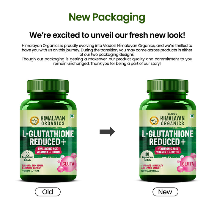 Vlado’s Himalayan Organics L-Glutathione Reduced + With Hyaluronic Acid Vitamin E + Biotin | Support Skin Health | Reduce Dark Spot | Antioxidant Support - 30 Veg Tablets