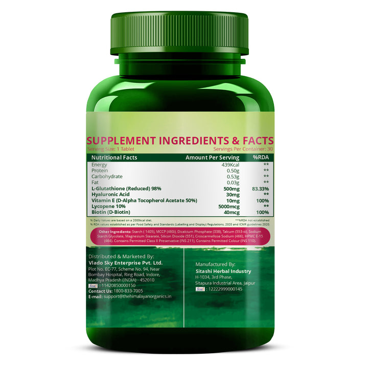 Vlado’s Himalayan Organics L-Glutathione Reduced + With Hyaluronic Acid Vitamin E + Biotin | Support Skin Health | Reduce Dark Spot | Antioxidant Support - 30 Veg Tablets