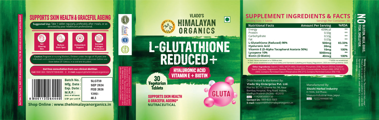 Vlado’s Himalayan Organics L-Glutathione Reduced + With Hyaluronic Acid Vitamin E + Biotin | Support Skin Health | Reduce Dark Spot | Antioxidant Support - 30 Veg Tablets
