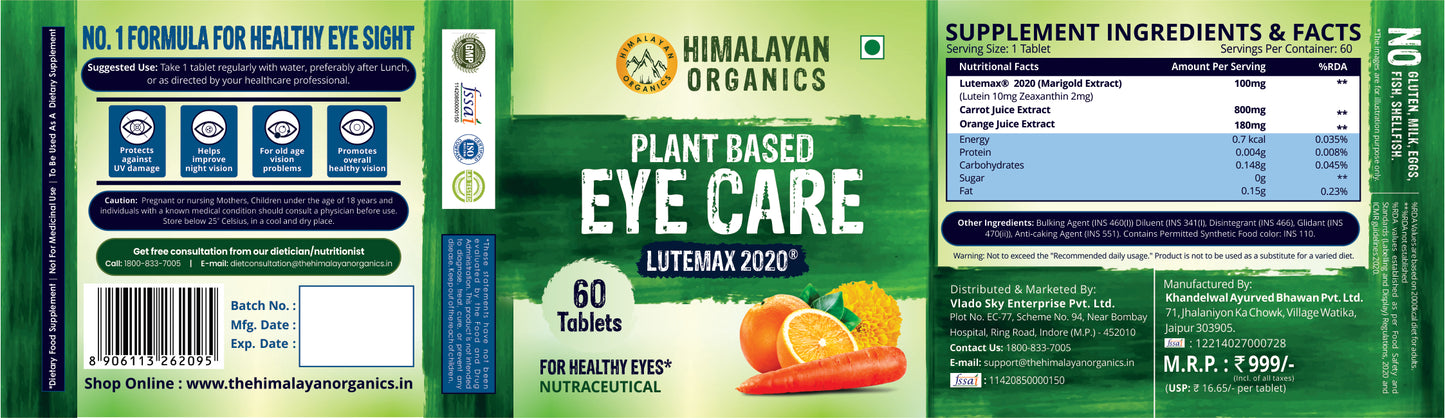 Vlado's Himalayan Organics Plant Based Eye Care Supplement (Lutemax 2020, Orange Extract, Carrot Extract) - 60 Tablets