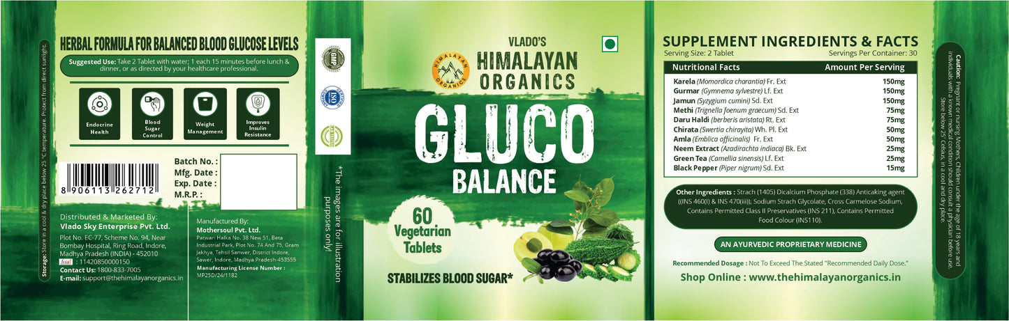 Vlado's Himalayan Organics Plant Based Gluco Balance with Jamun, Bittermelon, Amla, Gudmar, Chirayta Extracts | 60 Veg Tablets