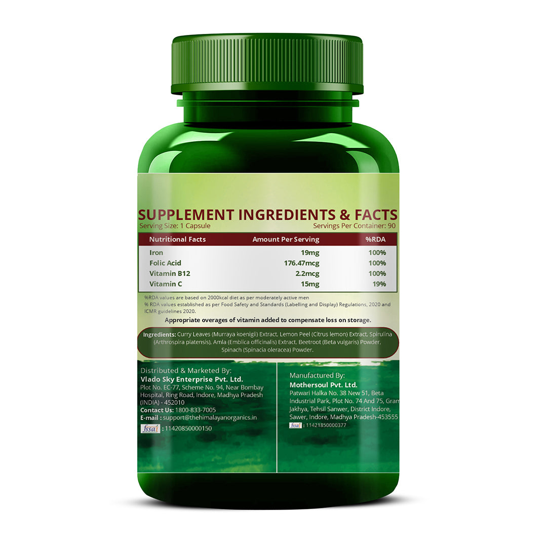 Vlado's Himalayan Organics Plant Based Iron with Folate for Better Hemoglobin, Immunity, Oxygen Binding Capacity - 90 Veg Capsules
