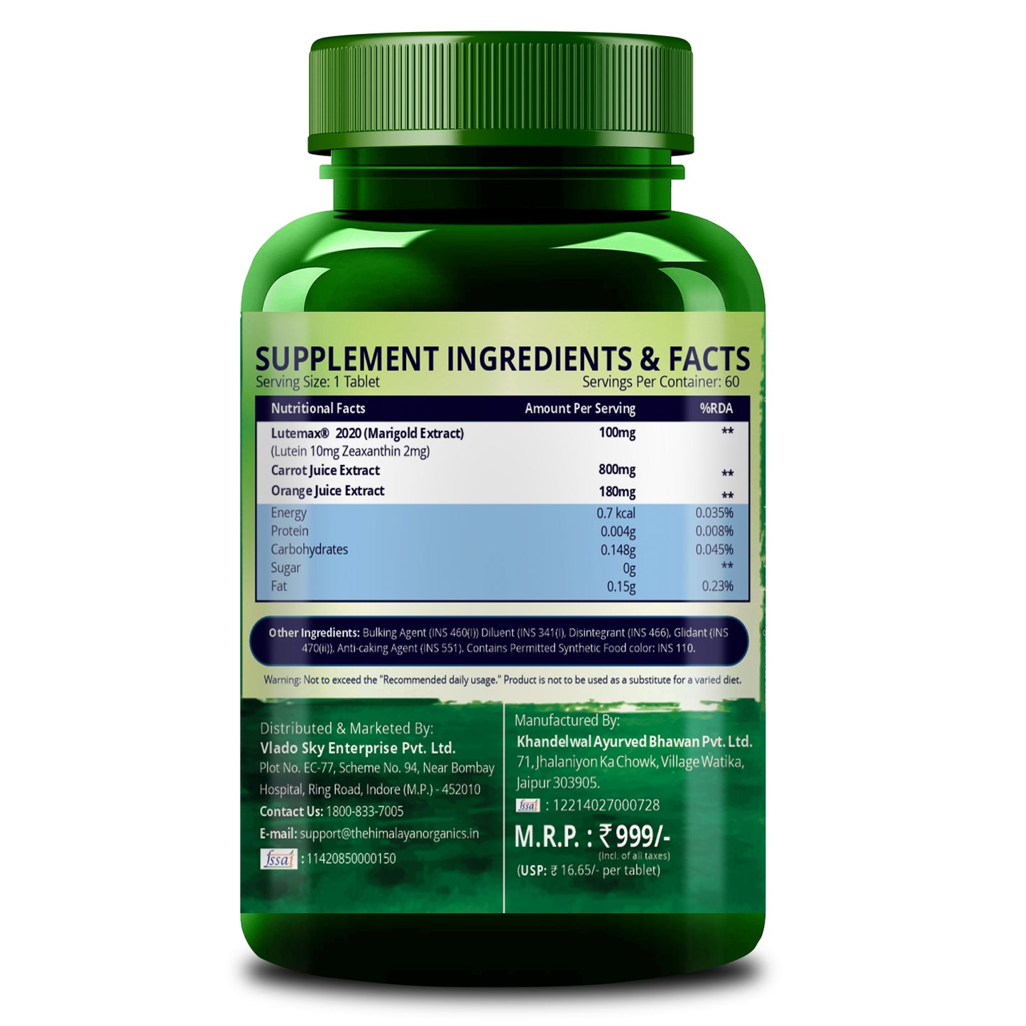 Vlado's Himalayan Organics Plant Based Eye Care Supplement (Lutemax 2020, Orange Extract, Carrot Extract) - 60 Tablets