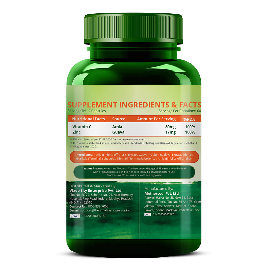 Vlado's Himalayan Organics Plant Based Vitamin C with Zinc (120 Capsules) As Amla Extract - Glowing Skin & Immunity