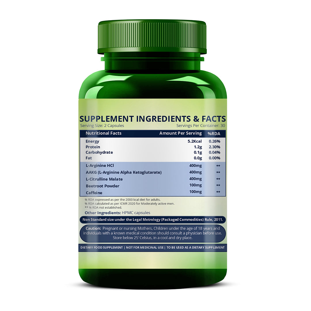 Vlado's Himalayan Organics Nitric Oxide 1400mg With L-Arginine HCI Caffeine Supplement | Good For Muscle Growth, Stamina, Recovery, Immune Booster & Energy- 60 Veg Capsules
