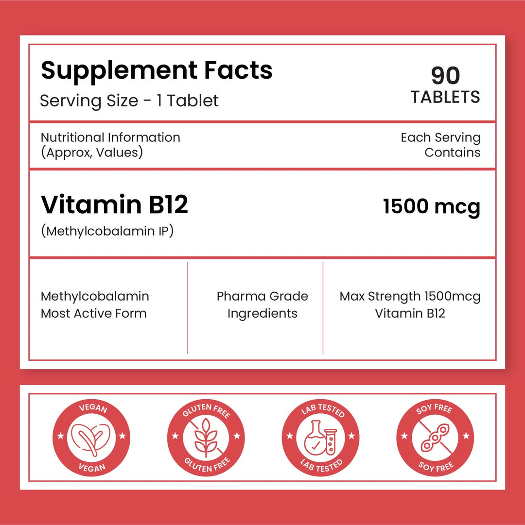 Vlado's Himalayan Organics Methylcobalamin Vitamin B12 1500mcg Supplement support Brain, Nerve Function and Energy - 90 Veg Tablets