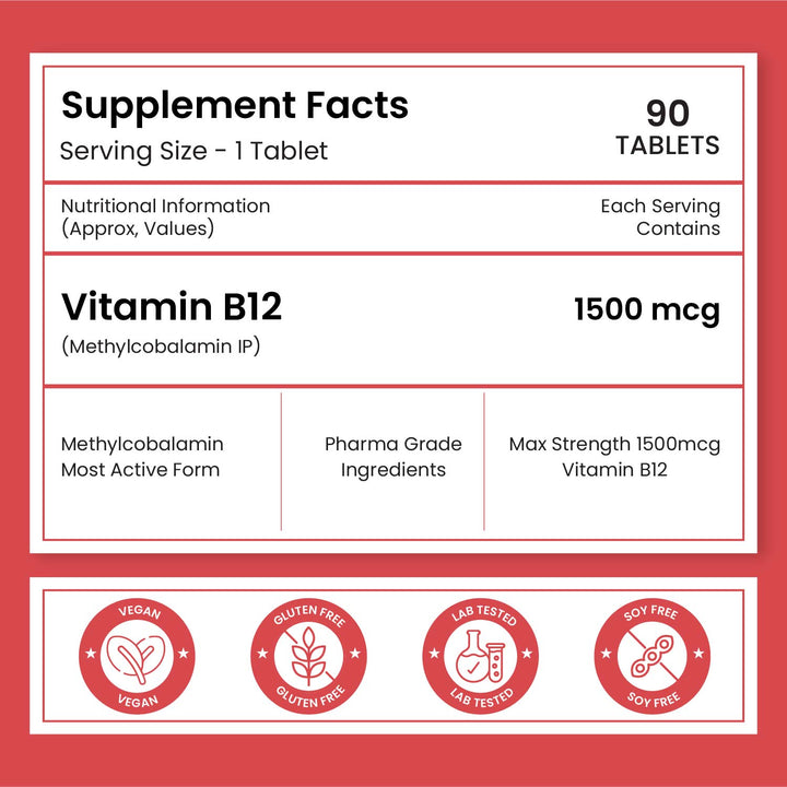 Vlado's Himalayan Organics Methylcobalamin Vitamin B12 1500mcg Supplement support Brain, Nerve Function and Energy - 90 Veg Tablets