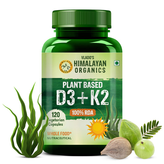 Vlado's Himalayan Organics Plant Based 600iU Supplement | Vitamin D3(Lichen) + K2(Menaquinone Mk7) | Faster Absorption | Boost Immunity | Healthy Bones -120 Veg Capsules