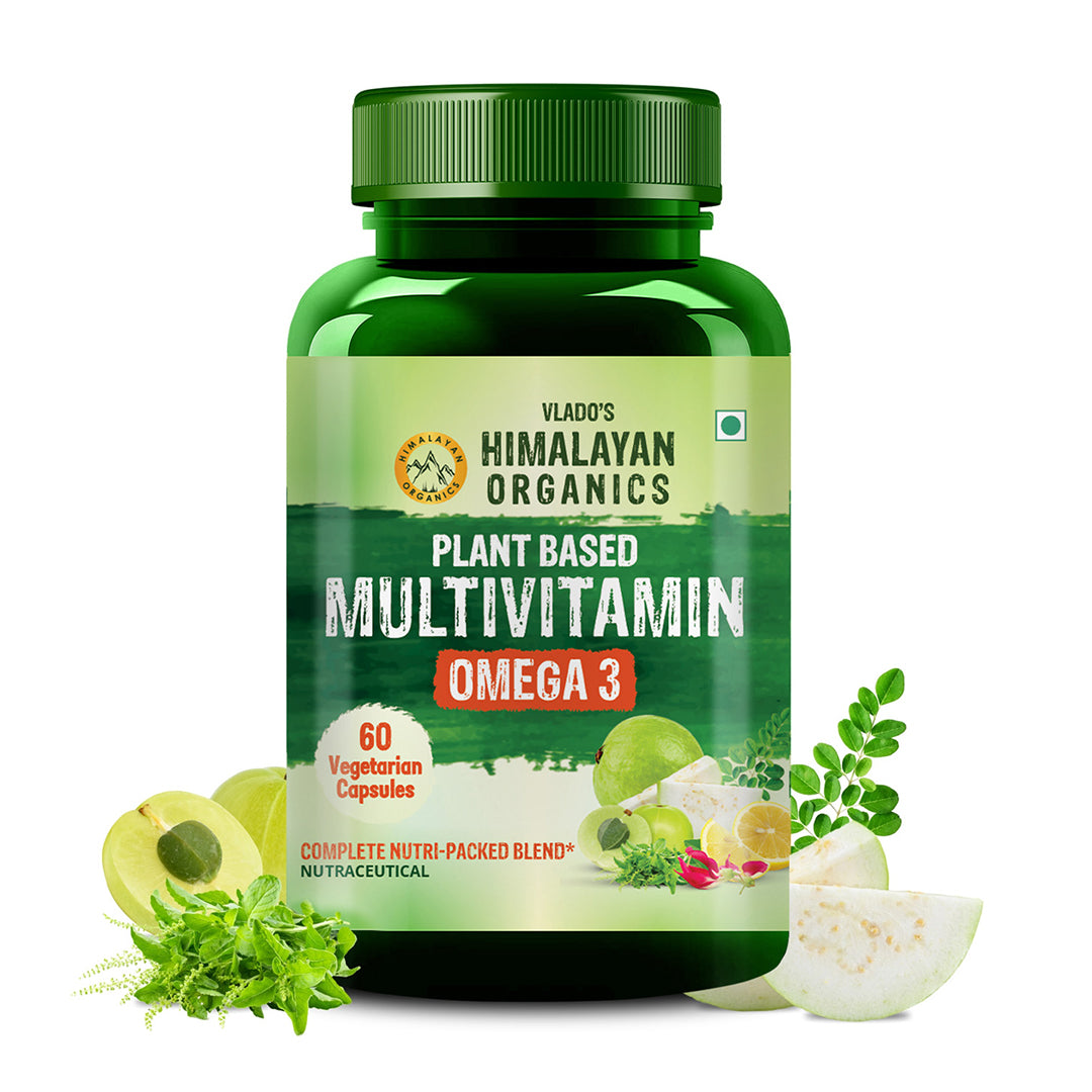 Vlado's Himalayan Organics Plant Based Vegan Omega-3 with Multivitamin, EPA, DHA, B1,B2,B3,B5,B7,B9,B9,B12,C,D3,K2, 25+ Ingredients for Energy, Immunity, Heart, Bone & Joints Support - 60 Veg capsules