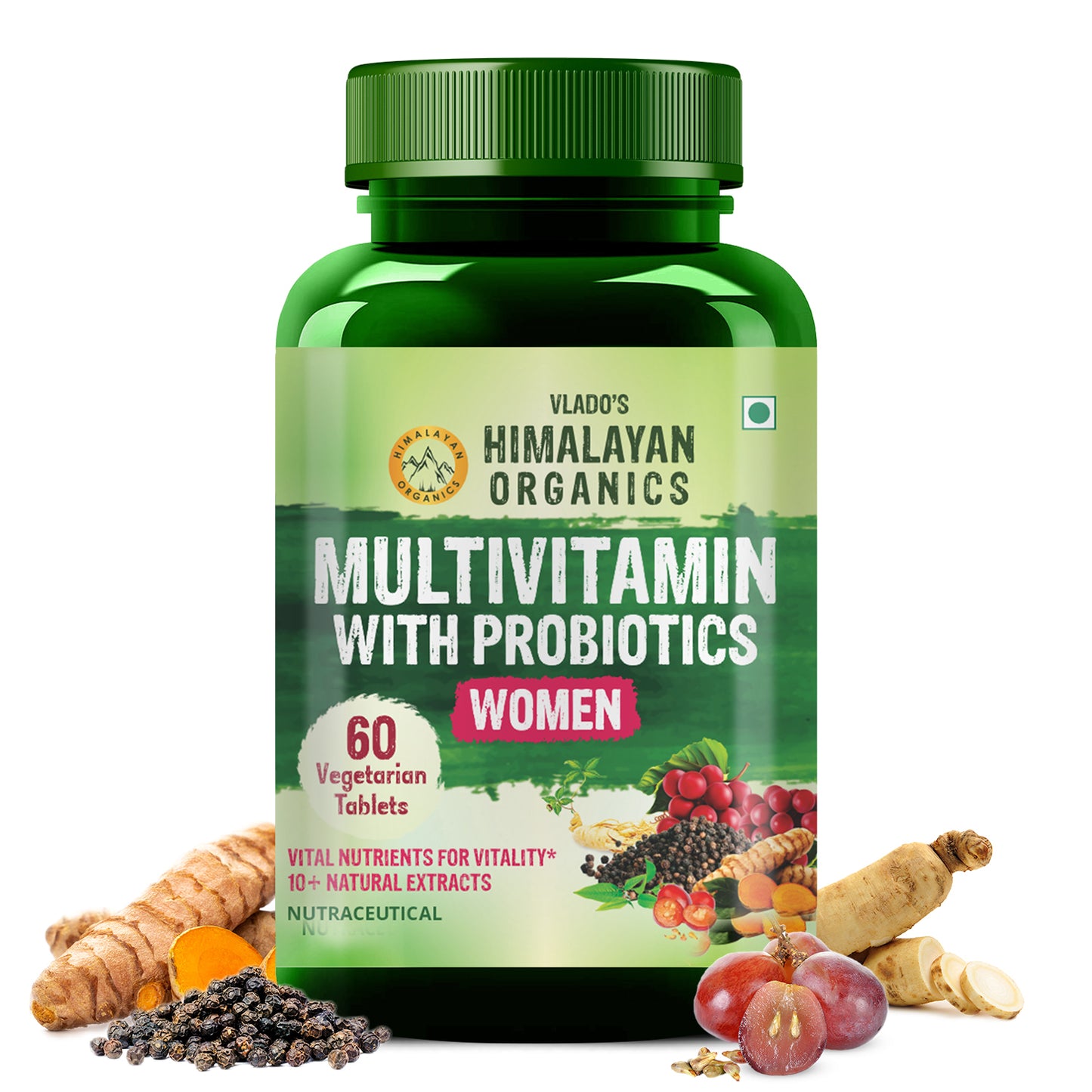 Vlado's Himalayan Organics Multivitamin with Probiotics for Women | 60 Veg Tabs | 60 + Natural Extracts, Essential Vitamins & Minerals |Vitamin D3, B12, Calcium, Curcumin & Biotin
