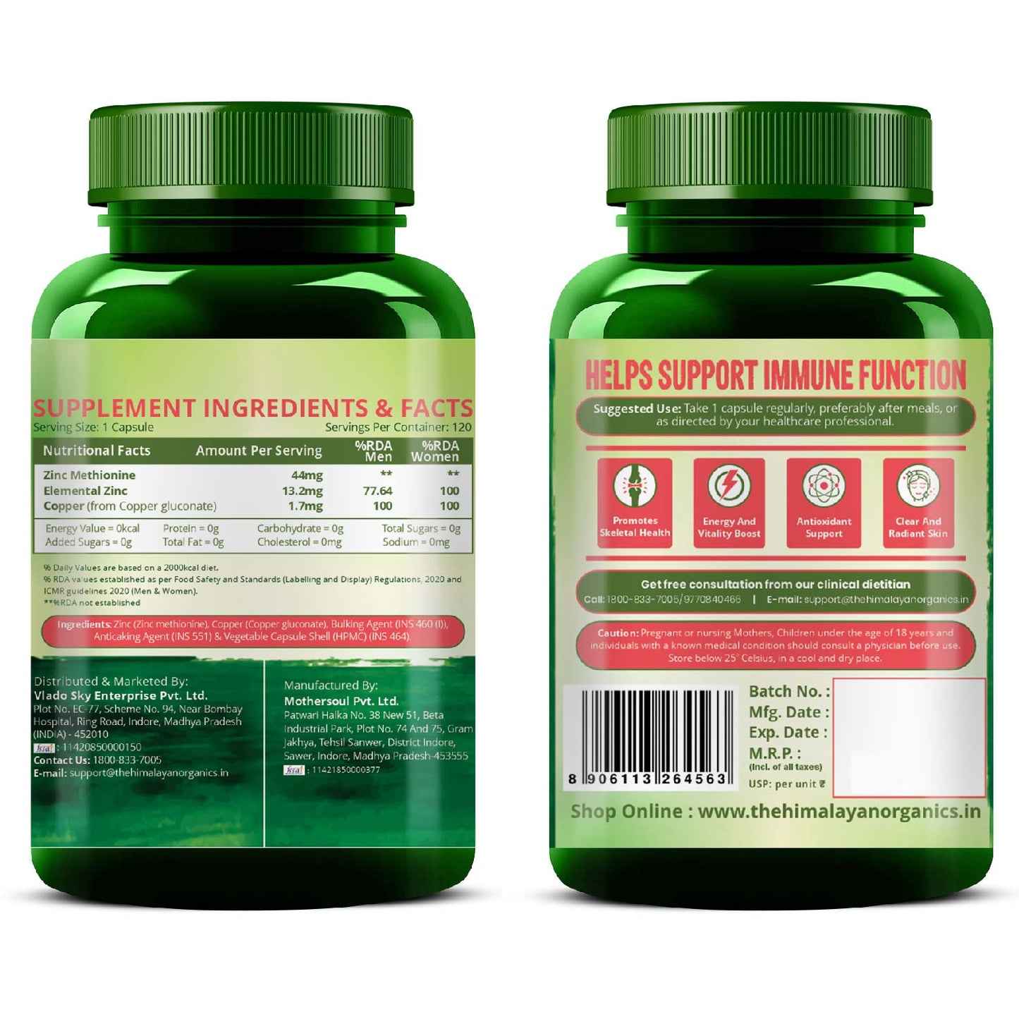 Vlado's Himalayan Organics Zinc Methionine Chelated Copper | Support Healthy Immune | Promotes  Skeetal  Health | Antioxidant Support - 120 Veg Capsules
