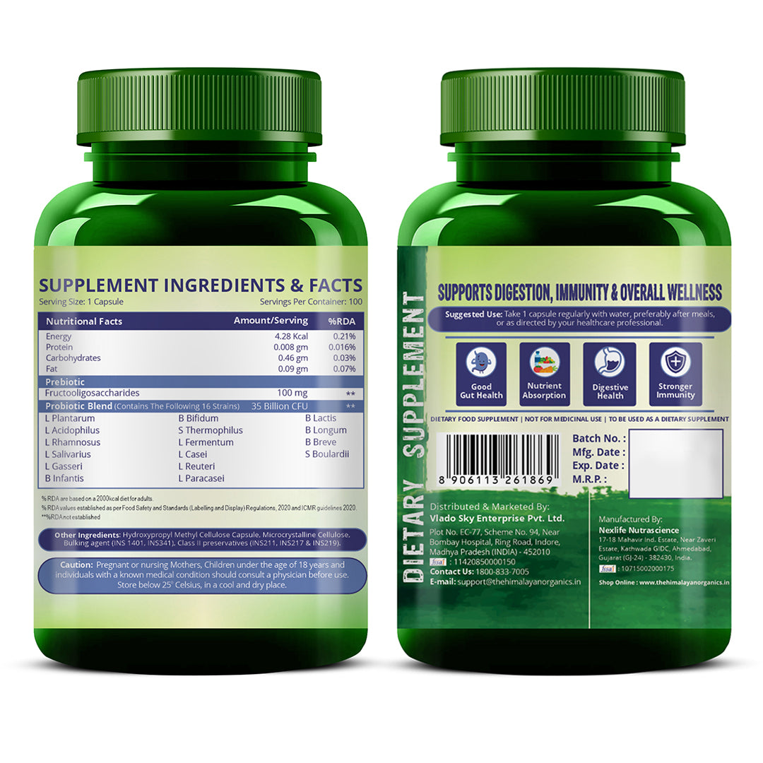 Vlado's Himalayan Organics Probiotics Supplement 35 Billion CFU for women & men, 16 Strains with Prebiotics - 100 Veg Capsules