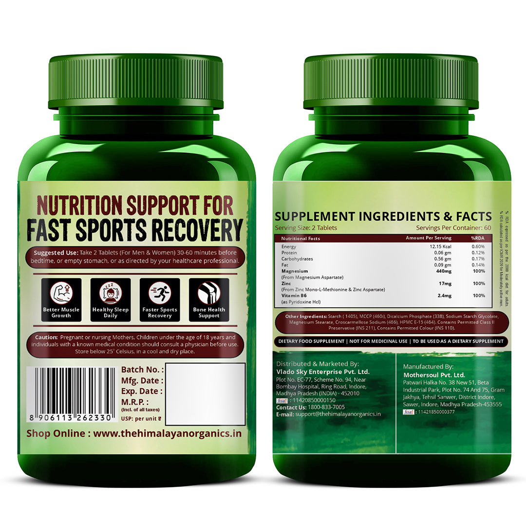 Vlado’s Himalayan Organics ZMA (Zinc Magnesium Aspartate & Vitamin B6) For Men And Women | Nighttime Sports Recovery Supplements | Boost Muscle And Bone Strength | Improve Sleep Quality - 120 Vegetarian Tablets