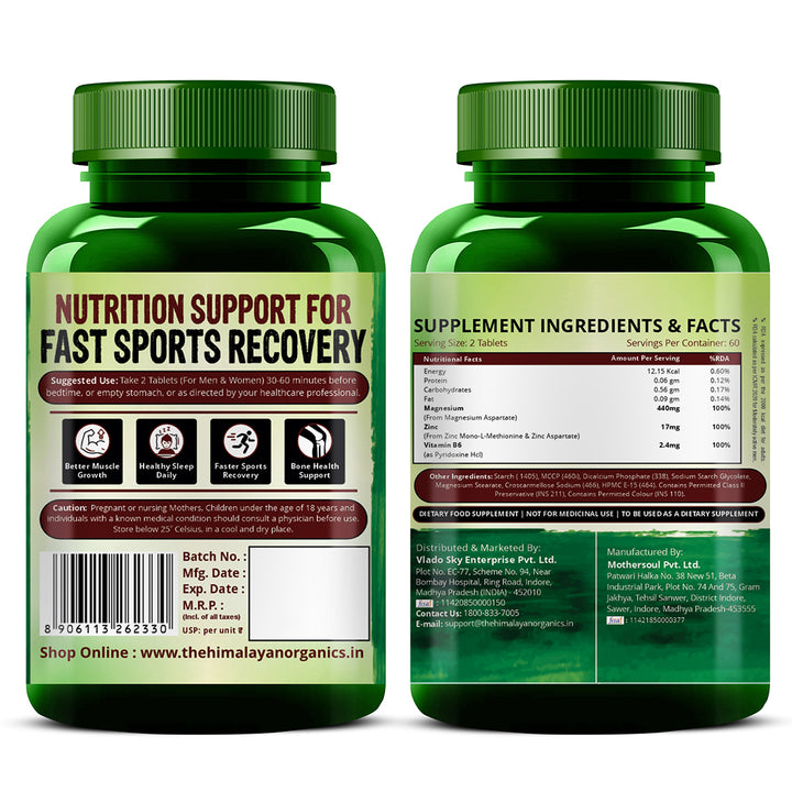Vlado’s Himalayan Organics ZMA (Zinc Magnesium Aspartate & Vitamin B6) For Men And Women | Nighttime Sports Recovery Supplements | Boost Muscle And Bone Strength | Improve Sleep Quality - 120 Vegetarian Tablets