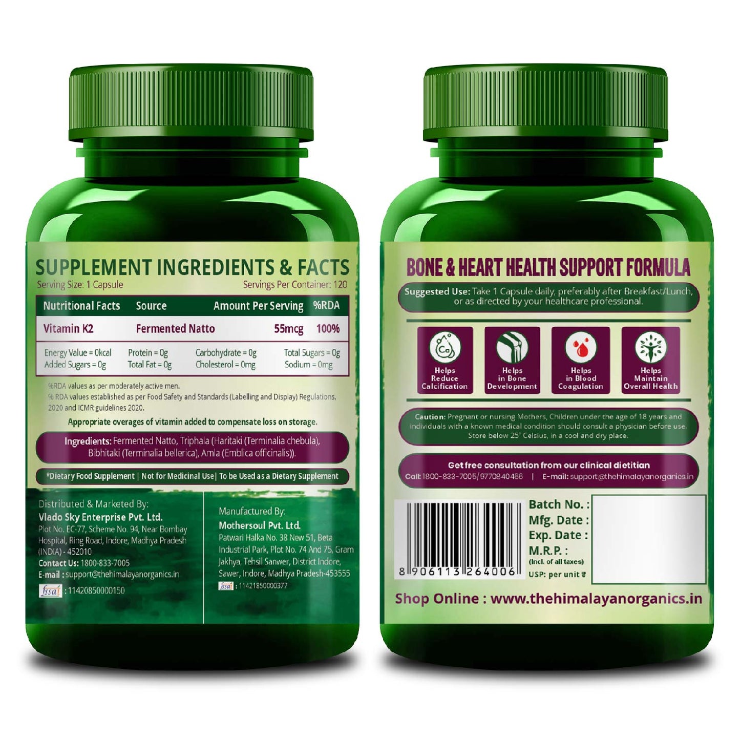Vlado's Himalayan Organics Plant-Based Vitamin K2 Supplement Supports Stronger Bone & Heart Health - 120 Veg Capsules