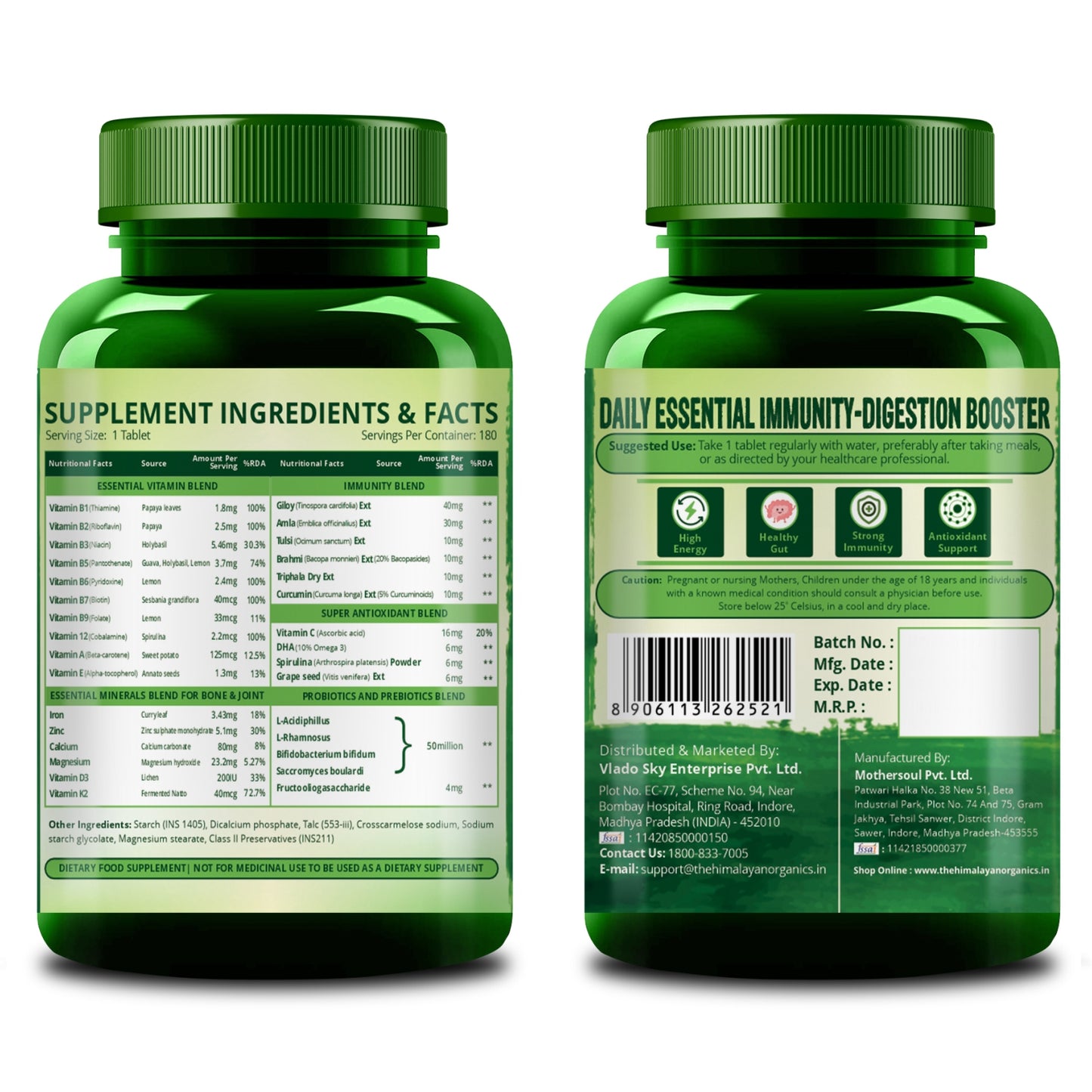 Vlado's Himalayan Organics Immunity Multivitamin with Probiotics with Vitamin C, D, K2, Zinc, Ginseng, Giloy, Biotin For Men & Women - 180 Veg Tablets