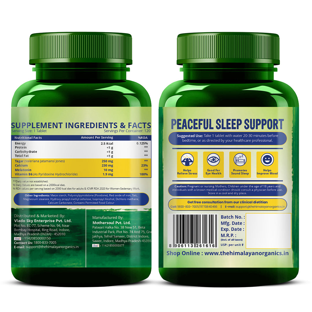 Vlado's Himalayan Organics Melatonin 10mg + Tagar 250mg | Non-Habit Forming, Potent Sleep Aid Formula  - 120 Veg Tabs