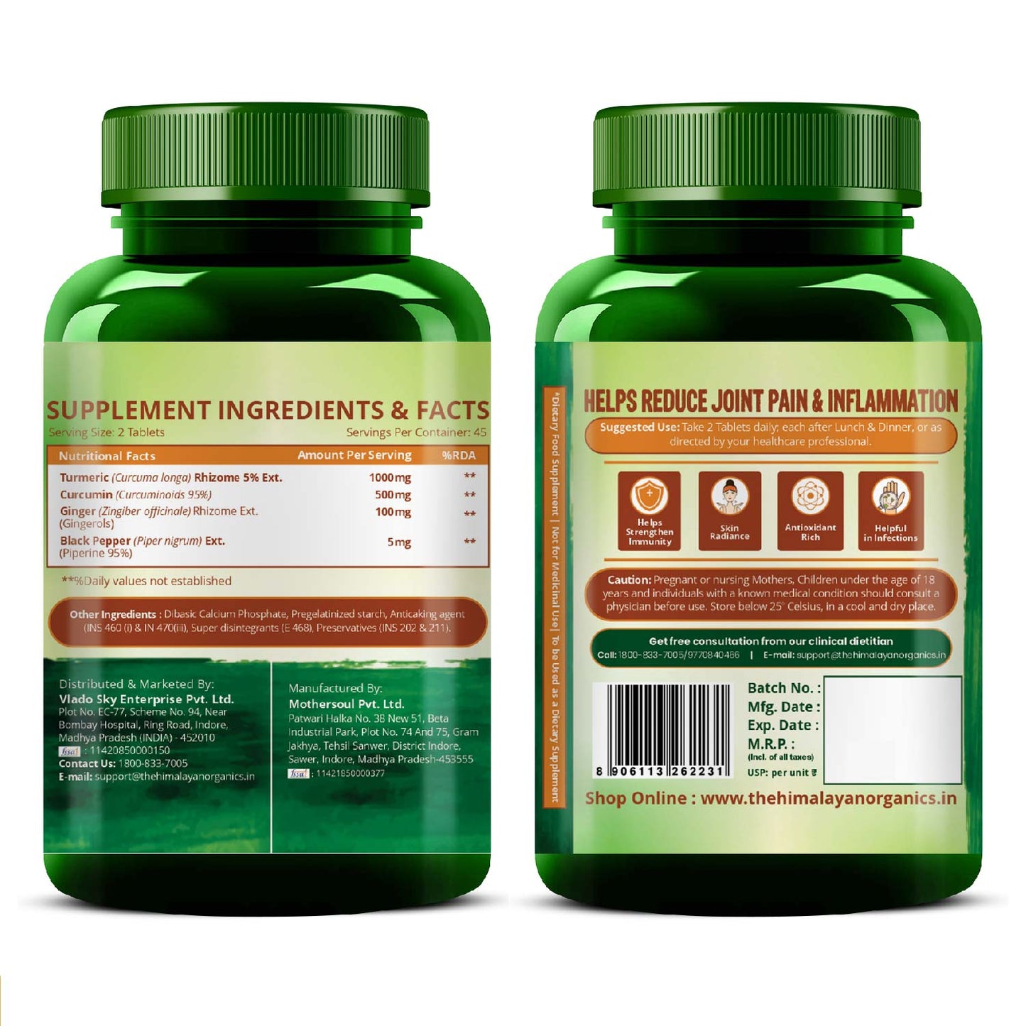 Vlado's Himalayan Organics Curcumin With Biopiperine 1500mg Tablets With 95% Curcuminoids Supplements For Better Absorption | Good For Skin & Joint pains | Immunity Booster for Men And Women - 90 Veg Tablets