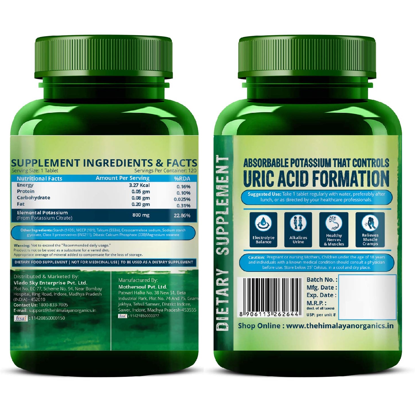 Vlado's Himalayan Organics Potassium Citrate 800mg | Supports Nerve & Muscle Health - 120 Veg Tablets