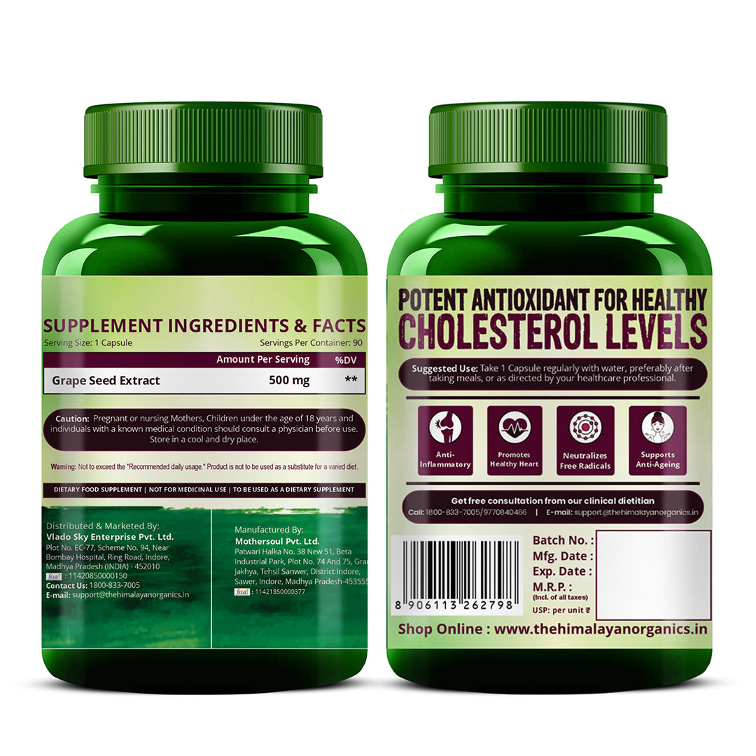 Vlado's Himalayan Organics Grape Seed Extract 500mg/Serving for Healthy Cholesterol Level - 90 Veg Capsules