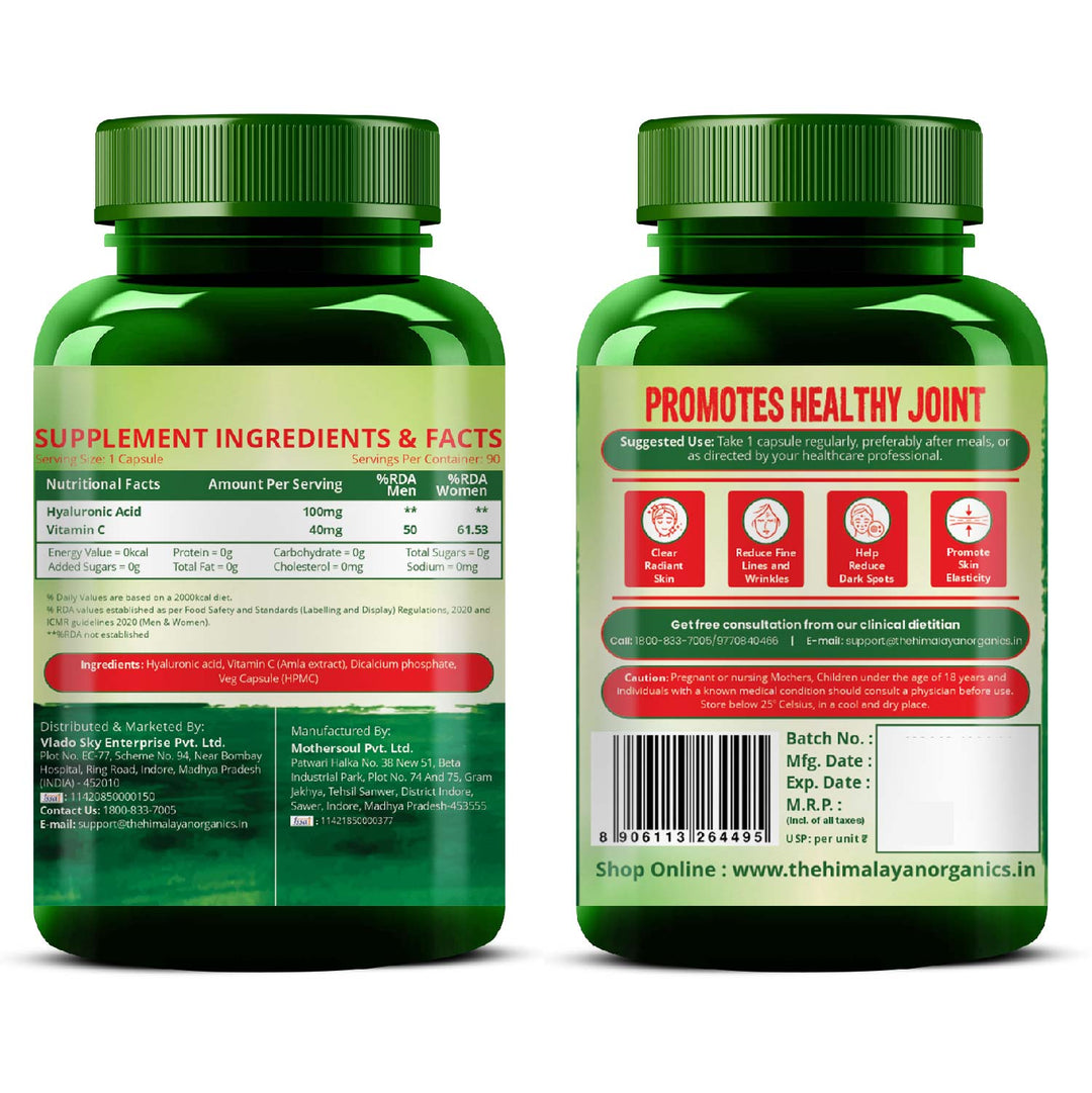 Vlado’s Himalayan Organics Hyaluronic Acid 100mg Supplement | Support Healthy Connective Tissue and Joints | Promote Youthful Glowing Skin - 90 Veg Capsules