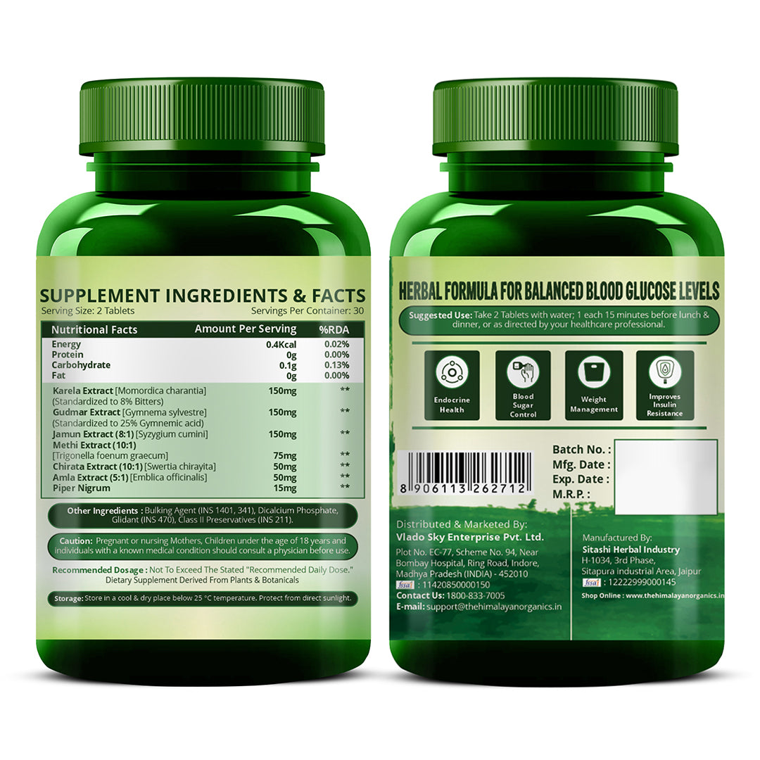 Vlado's Himalayan Organics Plant Based Gluco Balance with Jamun, Bittermelon, Amla, Gudmar, Chirayta Extracts | 60 Veg Tablets