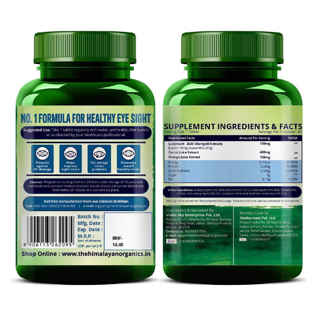Vlado's Himalayan Organics Plant Based Eye Care Lutein and Zeaxanthin Supplement to Improve Vision, Blue Light & Digital Guard (Lutemax 2020, Orange Extract, Carrot Extract) - 60 Veg Tablets