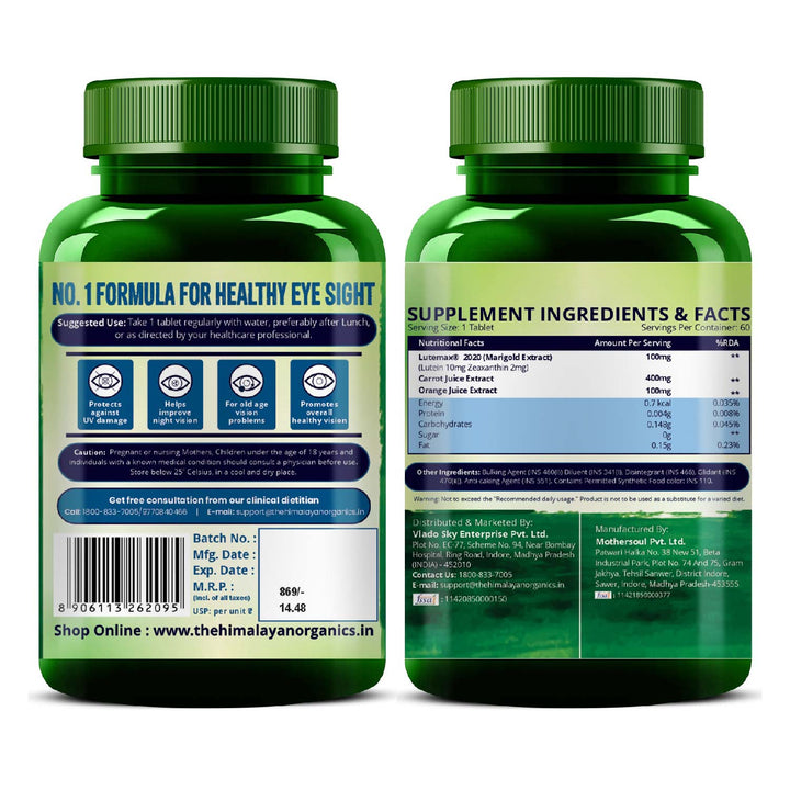 Vlado's Himalayan Organics Plant Based Eye Care Lutein and Zeaxanthin Supplement to Improve Vision, Blue Light & Digital Guard (Lutemax 2020, Orange Extract, Carrot Extract) - 60 Veg Tablets