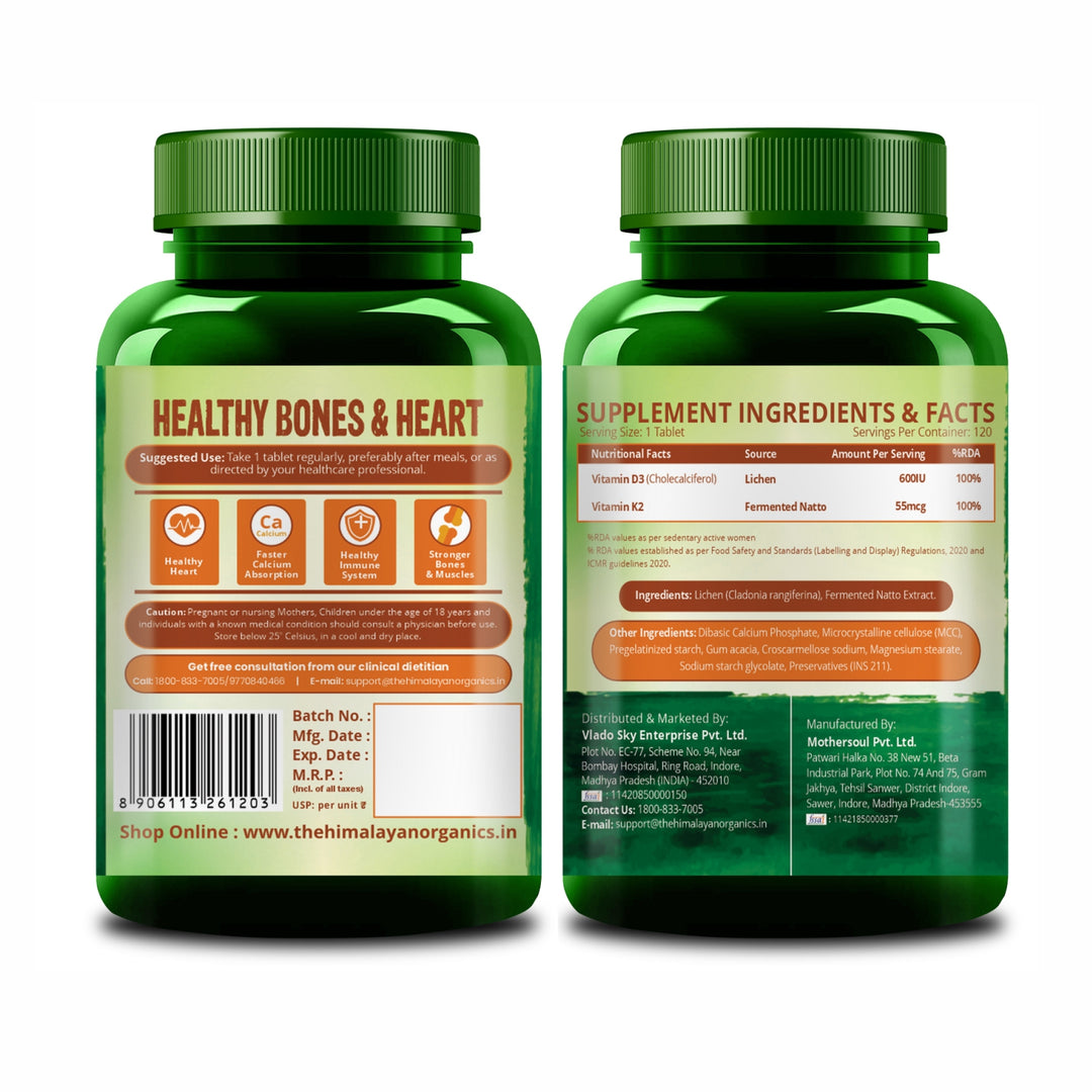 Vlado's Himalayan Organics Vitamin D3 600 IU + K2 as MK7 Supplement | Supports Stronger Immunity & Bone & Heart Health | Healthy Heart For Men And Women - 120 Veg Tablets