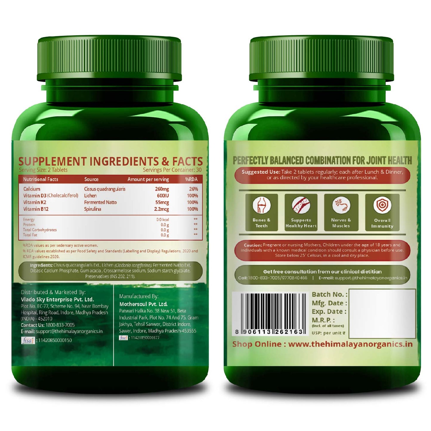 Vlado's Himalayan Organics Plant Based Calcium 650mg Supplement For Better Absorption | Healthy Bones And Heart | Recovery And Joint Support  - 60 Veg Tablets