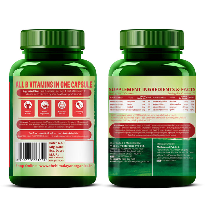 Vlado's Himalayan Organics Natural Vitamin B12 Supplement | B1,B2,B3,B5,B6,B7,B9,Moringa| Boost Energy Level | Good For Digestion And Nerve Health | Glowing Skin For Men & Women - 120 Vegetarian Capsules