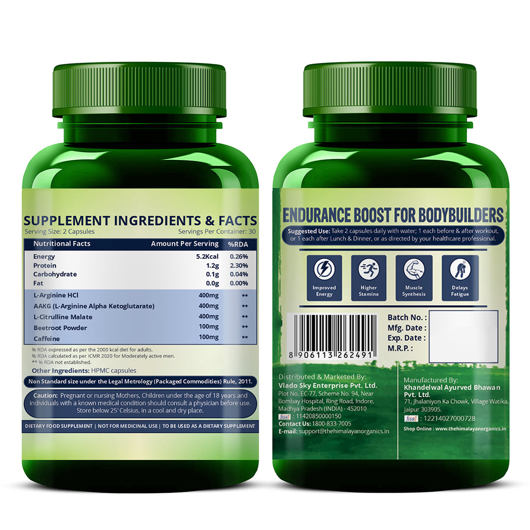 Vlado's Himalayan Organics Nitric Oxide 1400mg With L-Arginine HCI Caffeine Supplement | Good For Muscle Growth, Stamina, Recovery, Immune Booster & Energy- 60 Veg Capsules