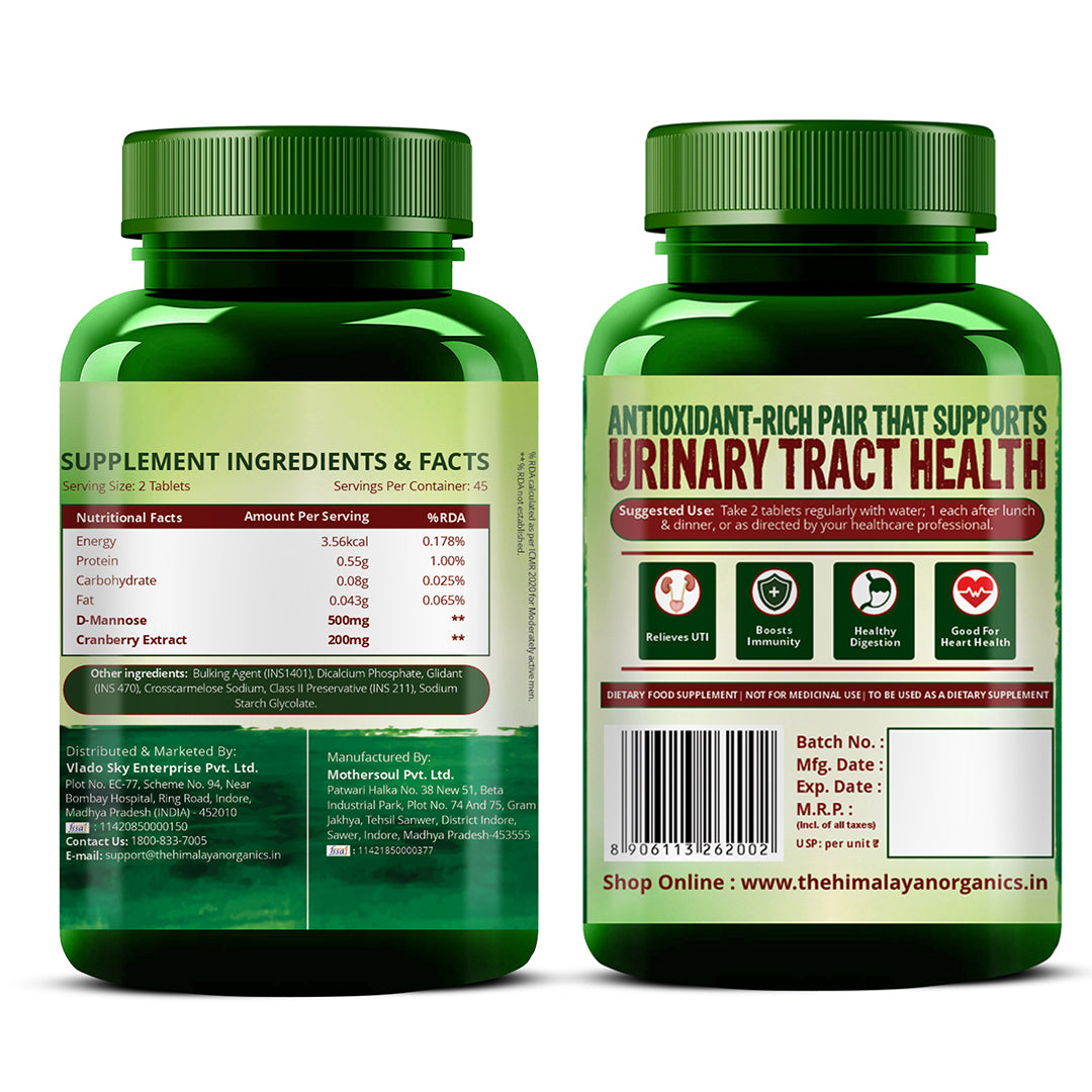 Vlado's Himalayan Organics D-MANNOSE + CRANBERRY Antioxidant Rich Supplement for Kidney Health & Urinary Tract Infection - 90 Tablets