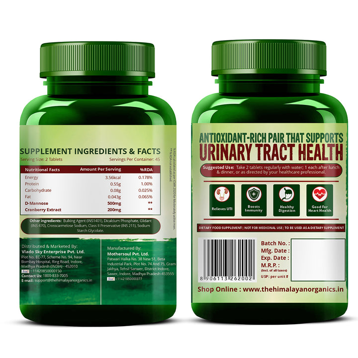 Vlado's Himalayan Organics D-MANNOSE + CRANBERRY Antioxidant Rich Supplement for Kidney Health & Urinary Tract Infection - 90 Tablets