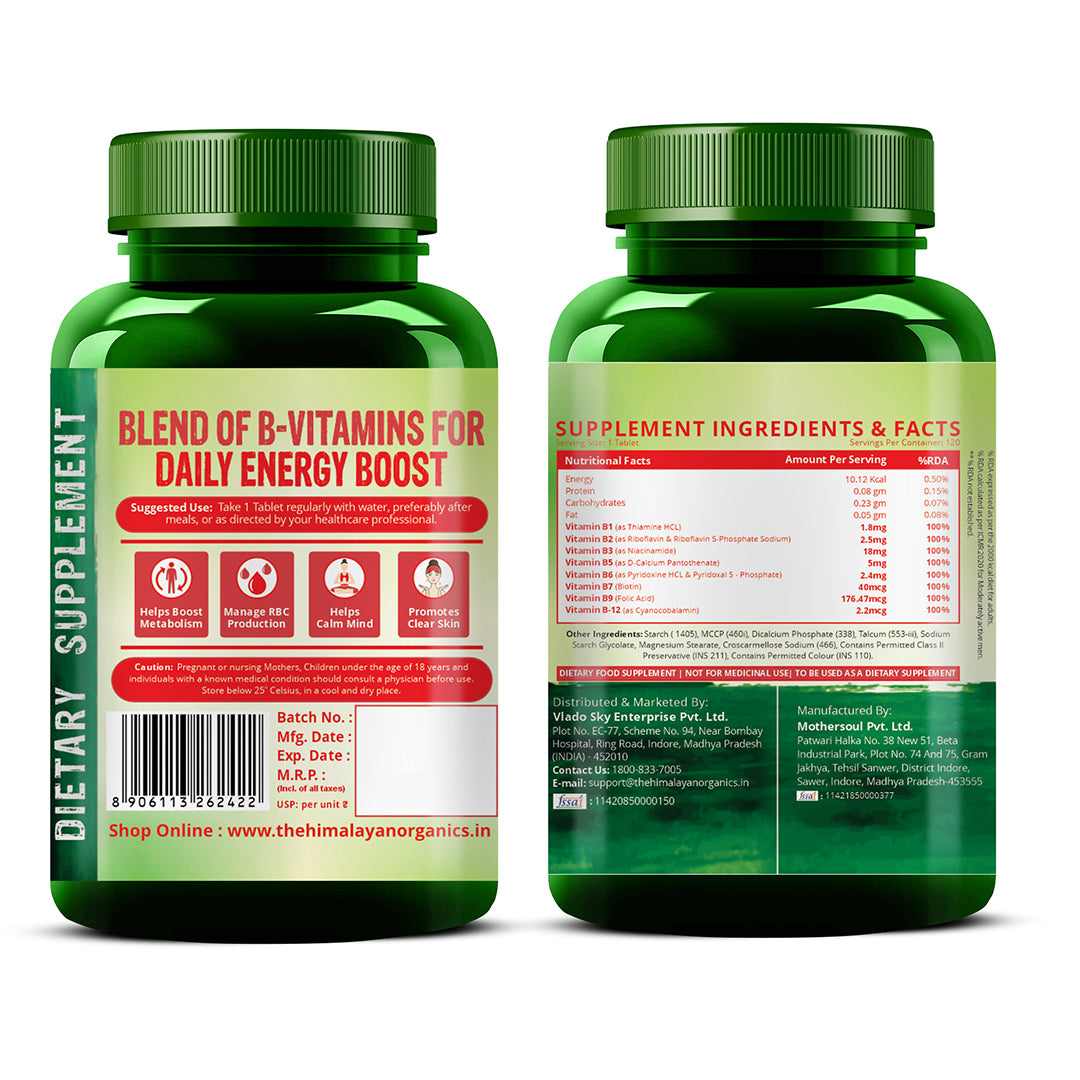 Vlado's Himalayan Organics Vitamin B Complex with 100% RDA B1, B2, B3, B5, B6, B7, B9 & B12 Supplement to Support Cognitive Health - 120 Veg Tablets