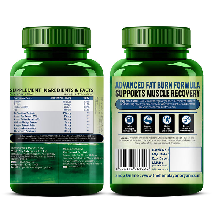 Vlado's Himalayan Organics L-Carnitine L-Tartrate With Green Tea Extract 2000 Mg | Healthy Weight Management | Supports Muscle Recovery, Boost Energy, Endurance And Fat Burn - 120 Vegetarian Tablets