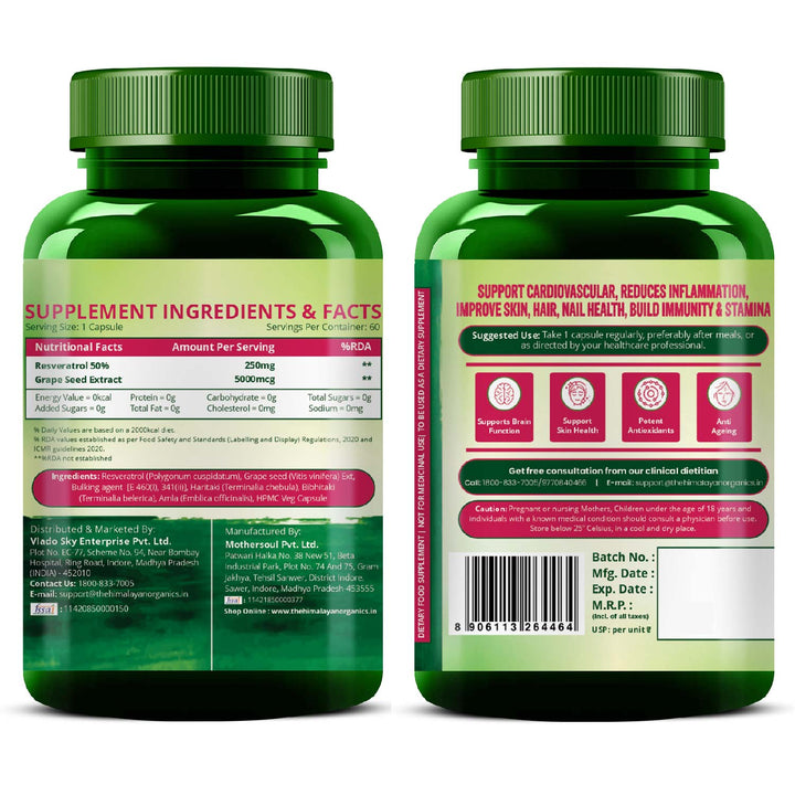 Vlado's Himalayan Organics Resveratrol 255mg with Grape Seed Extract Supplement | Support Heart And Skin Health | Powerful Anti-oxidant for Anti-Ageing - 60 Veg Capsules