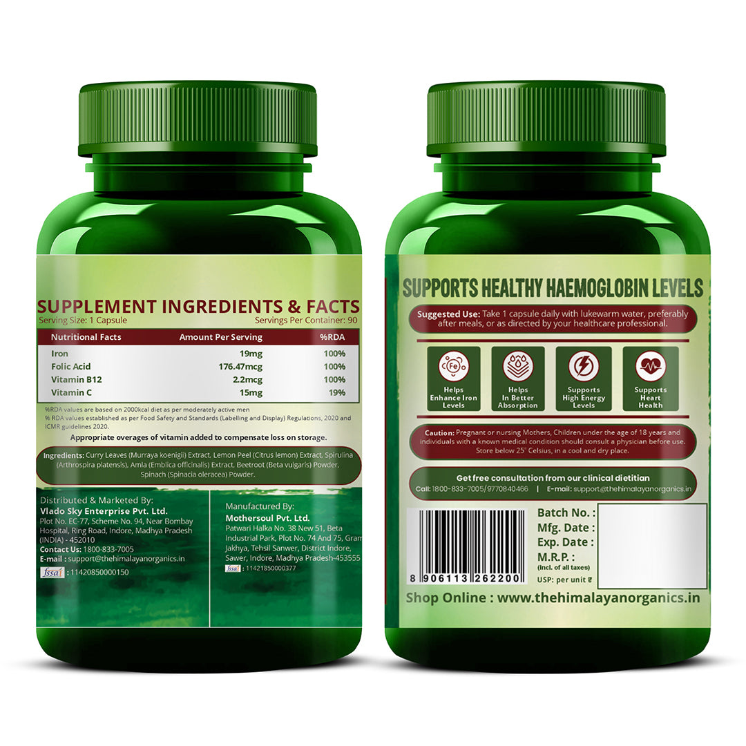 Vlado's Himalayan Organics Plant Based Iron with Folate for Better Hemoglobin, Immunity, Oxygen Binding Capacity - 90 Veg Capsules