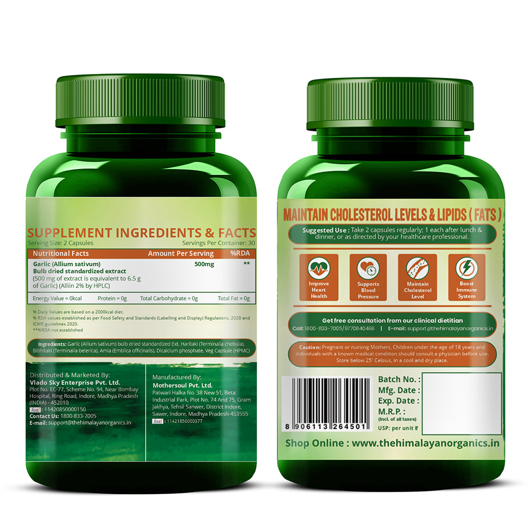 Vlado’s Himalayan Organics Garlic Extract 500Mg Supplement | Extract (1:13) Allium Sativum - 2% | Improve Heart Health, Boost Immunity, Maintain Cholesterol Level - 60 veg Capsules