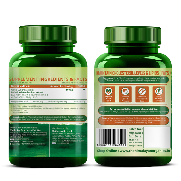 Vlado’s Himalayan Organics Garlic Extract 500Mg Supplement | Extract (1:13) Allium Sativum - 2% | Improve Heart Health, Boost Immunity, Maintain Cholesterol Level - 60 veg Capsules