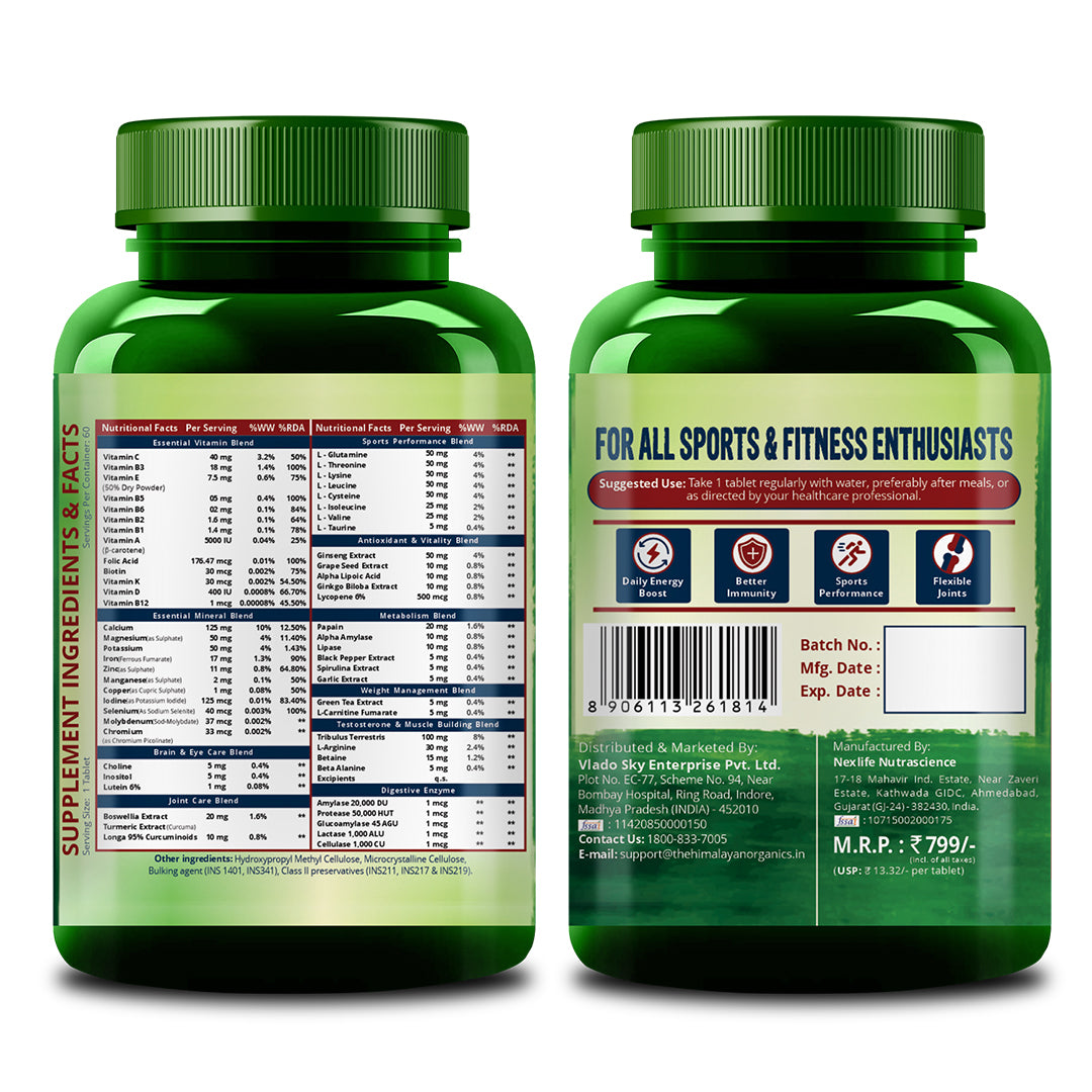 Vlado's Himalayan Organics Multivitamin Sports with 60 + Vital Nutrients & 13 Performance Blends with Enzymes – 60 Tabs