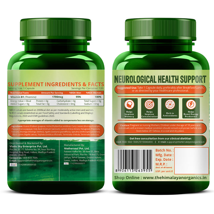 Vlado's Himalayan Organics Plant-Based Vitamin B1 | Rich in Antioxidants | Supports Memory And Energy (120 Capsules)