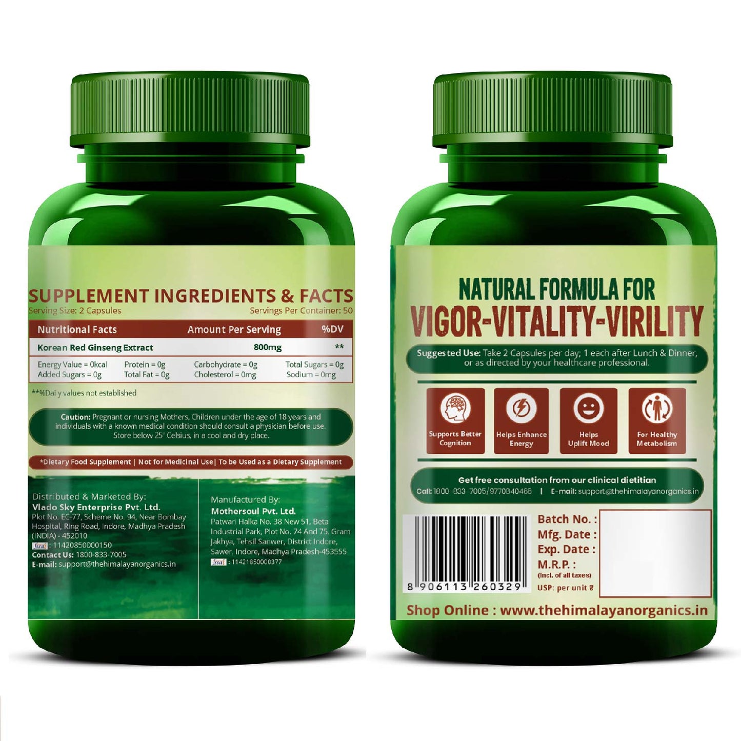 Vlado's Himalayan Organics Korean Red Ginseng 800mg/Serve - 60 Veg Capsules