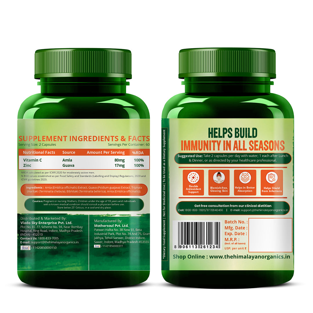 Vlado's Himalayan Organics Plant Based Vitamin C with Zinc (120 Capsules) As Amla Extract - Glowing Skin & Immunity