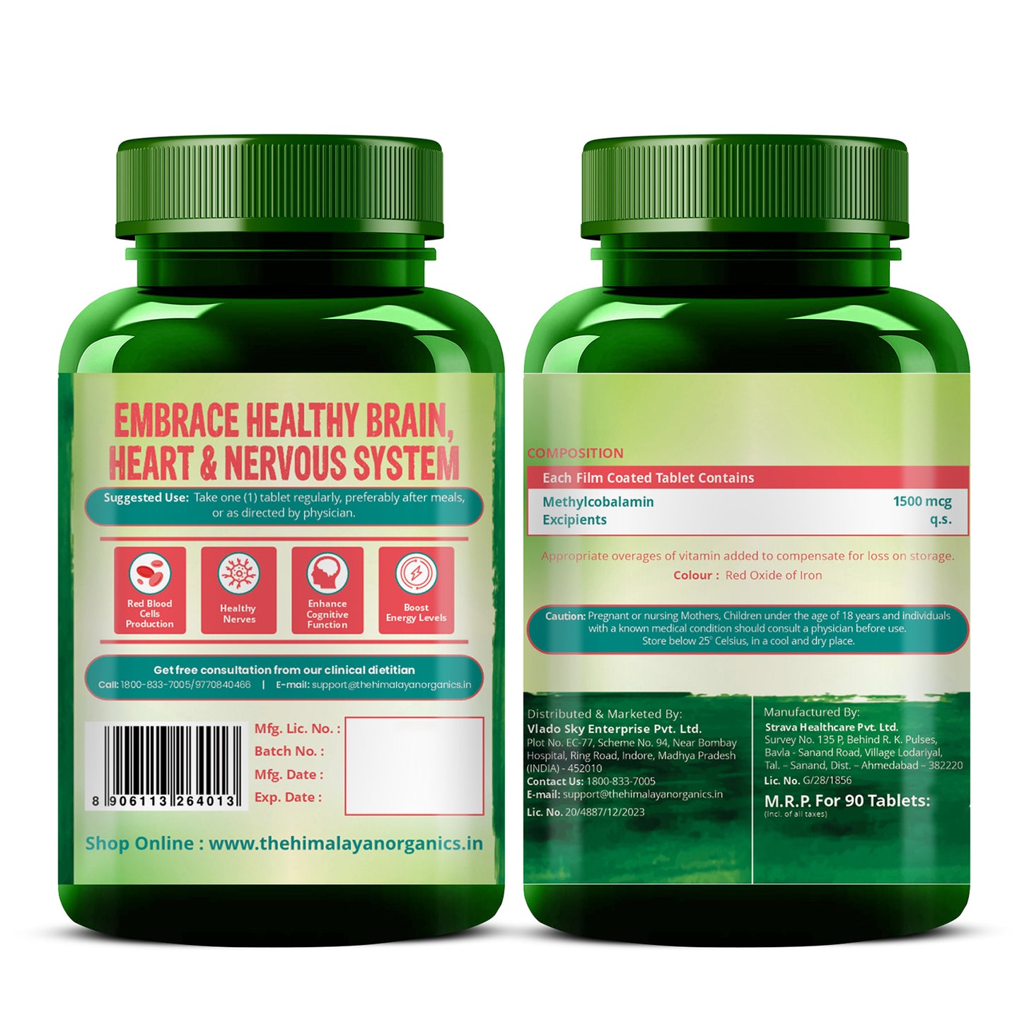 Vlado's Himalayan Organics Methylcobalamin Vitamin B12 1500mcg Supplement support Brain, Nerve Function and Energy - 90 Veg Tablets