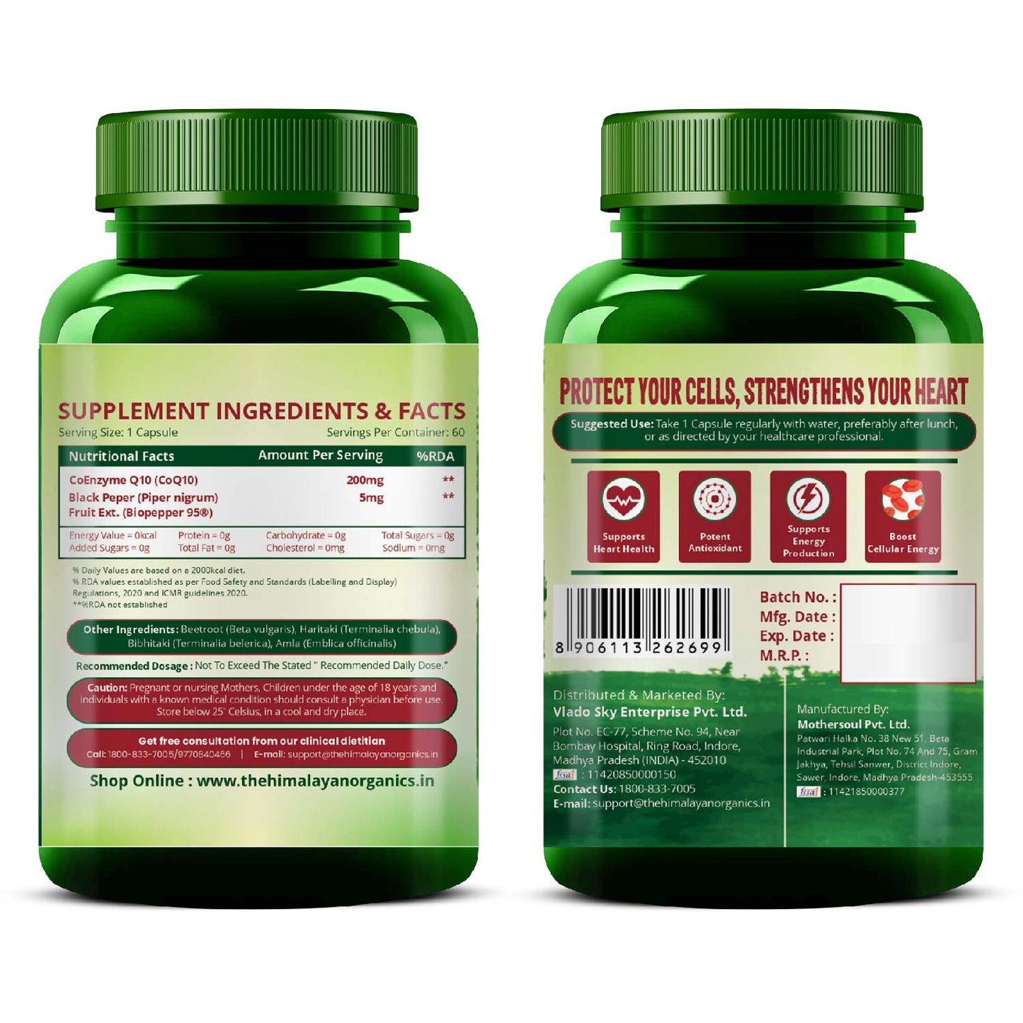 Vlado's Himalayan Organics CoQ10-200mg With BioPepper - 5mg , COENZYME Q-10 Supplement | High Absorption I Antioxidant Support Healthy Heart Boost Energy And Metabolism High Strength For Men And Women - 60 Veg Capsules